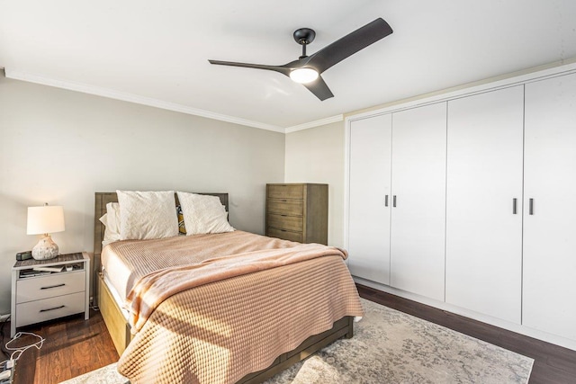 166-41 Powells Cove Blvd Unit 4B, Beechhurst, NY 11357 - bedroom with ornamental molding, dark wood-type flooring, a closet, and ceiling fan