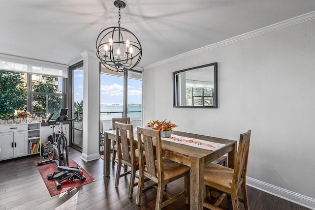 166-41 Powells Cove Blvd Unit 4B, Beechhurst, NY 11357 - dining room featuring a water view, a chandelier, plenty of natural light, crown molding, and dark wood finished floors