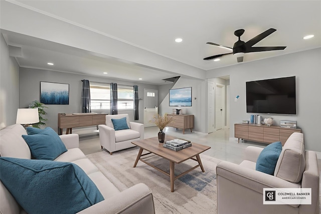 404 Foxdale Ave, Oceanside, NY 11572 - living area featuring recessed lighting, ceiling fan, and crown molding