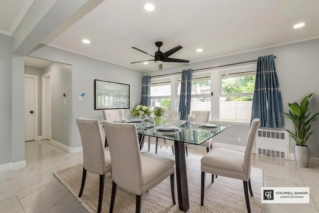 404 Foxdale Ave, Oceanside, NY 11572 - dining room featuring radiator, crown molding, recessed lighting, and a ceiling fan