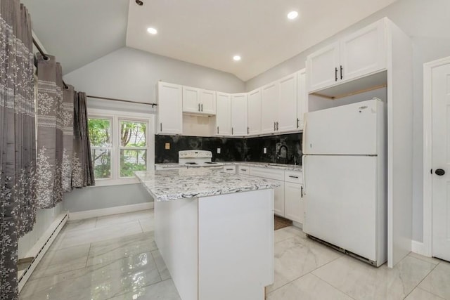 404 Foxdale Ave, Oceanside, NY 11572 - kitchen featuring white appliances, a baseboard radiator, light marble finish flooring, white cabinets, and lofted ceiling