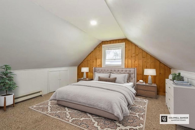 404 Foxdale Ave, Oceanside, NY 11572 - bedroom featuring a baseboard heating unit, lofted ceiling, light carpet, and wood walls