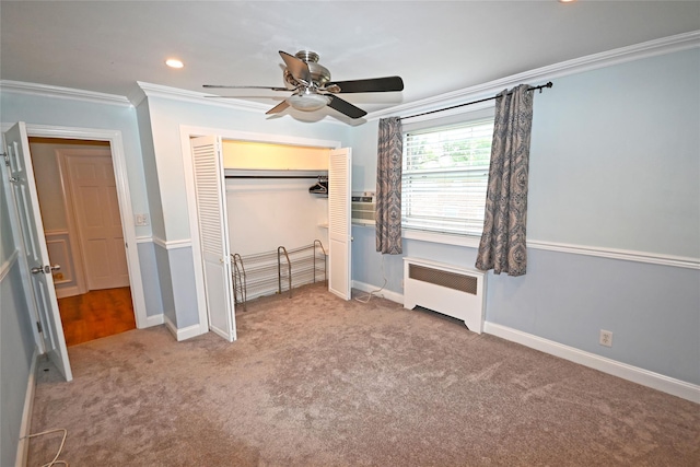 251-26 58th Ave Upper, Upper, Little Neck, NY 11362 - unfurnished bedroom with radiator, carpet floors, ornamental molding, a closet, and ceiling fan