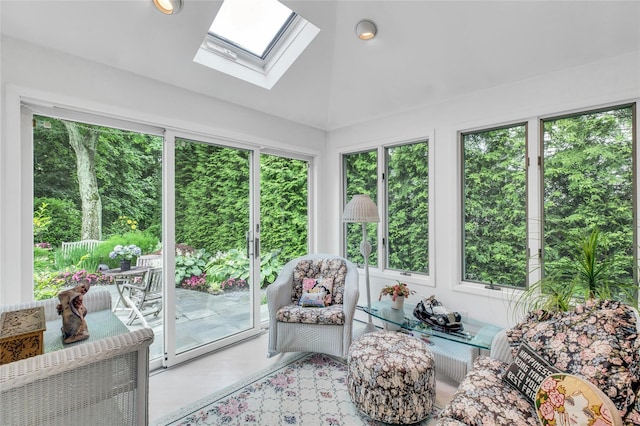 74 Woods Dr, Roslyn, NY 11576 - sunroom featuring plenty of natural light, a skylight, vaulted ceiling, and wood finished floors