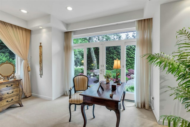74 Woods Dr, Roslyn, NY 11576 - office area with light colored carpet, recessed lighting, and french doors