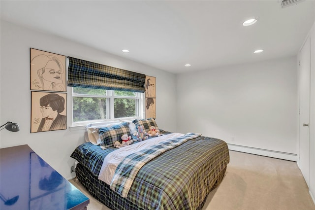 74 Woods Dr, Roslyn, NY 11576 - bedroom featuring baseboard heating, light carpet, and recessed lighting