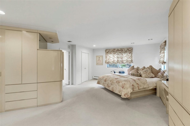 74 Woods Dr, Roslyn, NY 11576 - bedroom with baseboard heating, light colored carpet, and recessed lighting