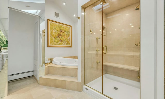 74 Woods Dr, Roslyn, NY 11576 - bathroom with a baseboard radiator, a stall shower, a bath, lofted ceiling, and tile patterned floors
