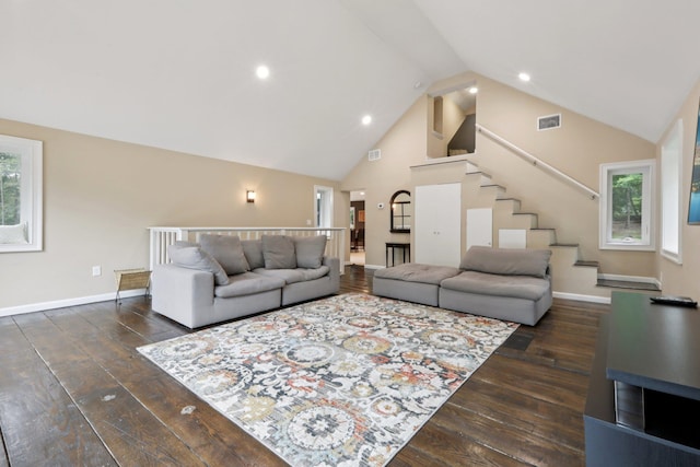 160 S Mountain Rd, New City, NY 10956 - living area with wood-type flooring, stairway, high vaulted ceiling, and recessed lighting