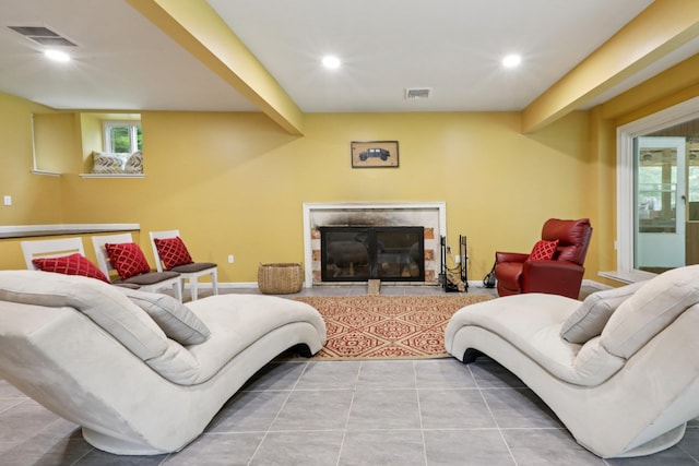 160 S Mountain Rd, New City, NY 10956 - tiled living area with a glass covered fireplace and recessed lighting