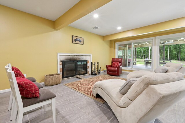 160 S Mountain Rd, New City, NY 10956 - living area featuring a fireplace with flush hearth, recessed lighting, and beamed ceiling