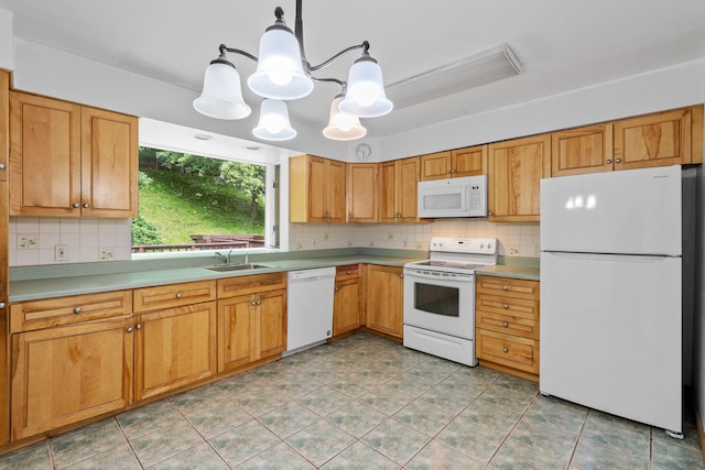 39 Knollwood Ln, Cold Spring, NY 10516 - kitchen with white appliances, decorative backsplash, a chandelier, light countertops, and hanging light fixtures