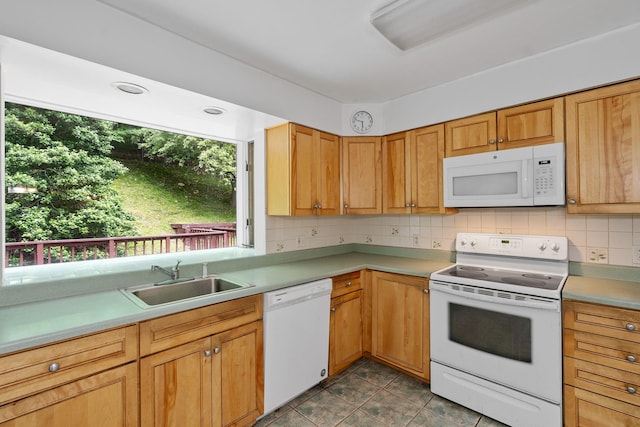 39 Knollwood Ln, Cold Spring, NY 10516 - kitchen featuring white appliances, backsplash, light countertops, and dark tile patterned flooring