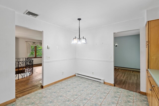 39 Knollwood Ln, Cold Spring, NY 10516 - unfurnished dining area featuring a baseboard radiator, light wood finished floors, and a chandelier