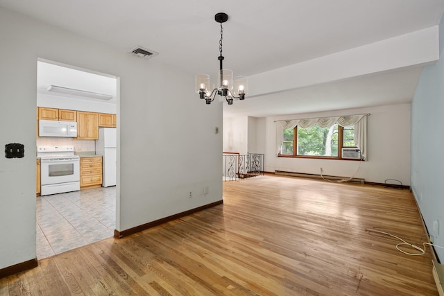 39 Knollwood Ln, Cold Spring, NY 10516 - unfurnished dining area featuring a chandelier, baseboard heating, light wood finished floors, and cooling unit