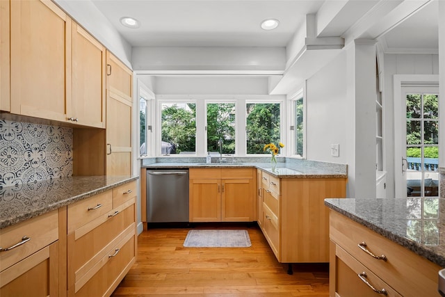 44 Kingsbury Rd, New Rochelle, NY 10804 - kitchen with dishwasher, tasteful backsplash, light wood-style flooring, dark stone counters, and recessed lighting