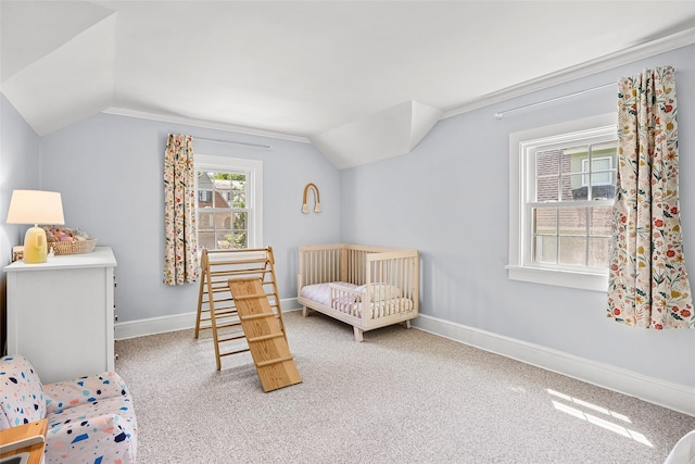 44 Kingsbury Rd, New Rochelle, NY 10804 - carpeted bedroom featuring vaulted ceiling and a crib