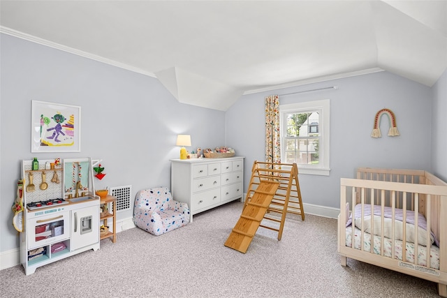44 Kingsbury Rd, New Rochelle, NY 10804 - bedroom featuring lofted ceiling, carpet flooring, crown molding, and a nursery area
