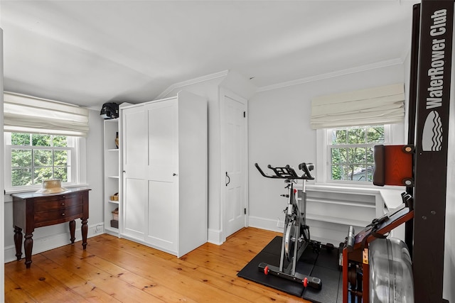 44 Kingsbury Rd, New Rochelle, NY 10804 - workout area featuring light wood-style flooring and ornamental molding