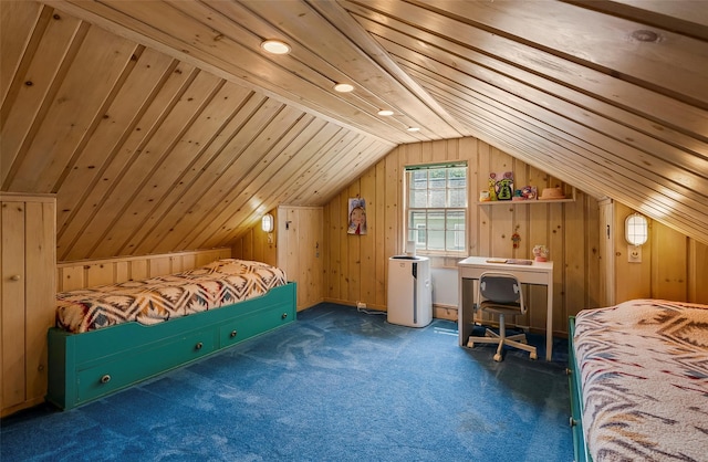 44 Kingsbury Rd, New Rochelle, NY 10804 - bedroom with vaulted ceiling, wooden walls, carpet, and wood ceiling