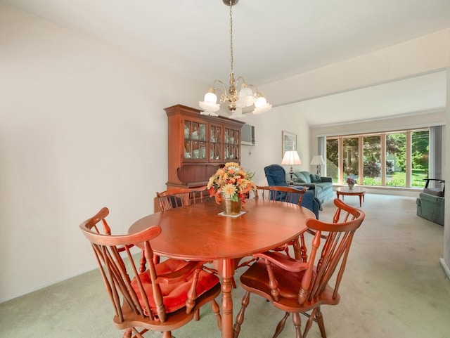 34 Crambrook Rd, New City, NY 10956 - dining area with a chandelier, light colored carpet, and vaulted ceiling