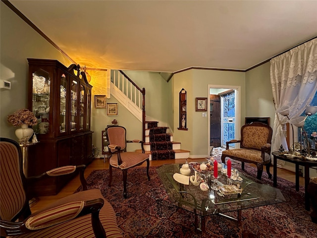 82-48 Eliot Ave, Middle Village, NY 11379 - living area with stairs, wood finished floors, and crown molding