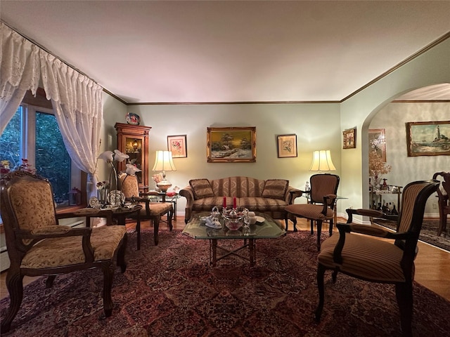 82-48 Eliot Ave, Middle Village, NY 11379 - living room featuring crown molding, arched walkways, and wood finished floors