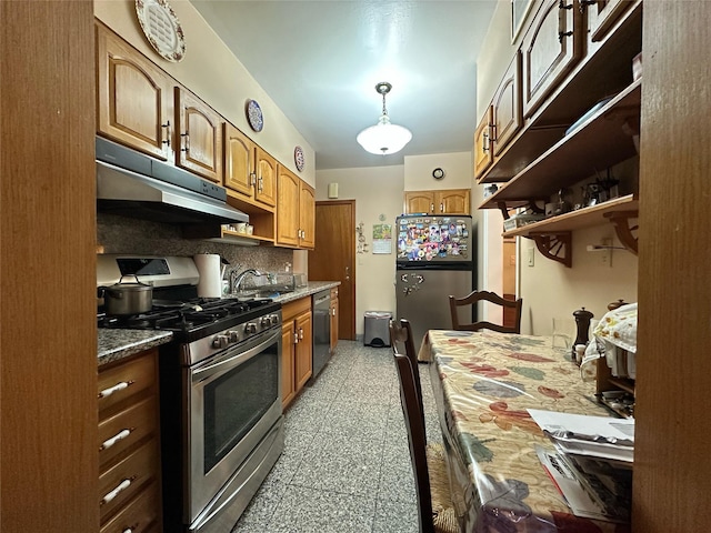 82-48 Eliot Ave, Middle Village, NY 11379 - kitchen featuring stainless steel appliances, under cabinet range hood, open shelves, decorative backsplash, and dark stone countertops