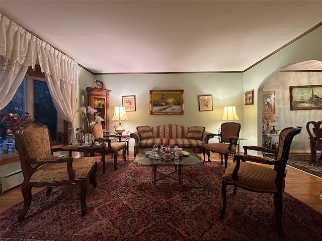82-48 Eliot Ave, Middle Village, NY 11379 - living area featuring arched walkways, crown molding, wood finished floors, and baseboard heating