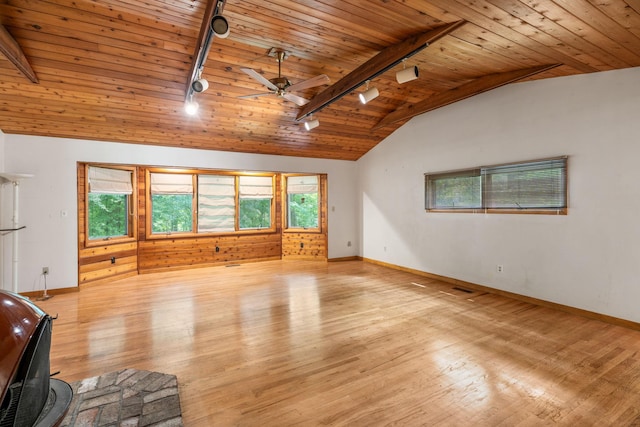 41 Colburn Dr, Poughkeepsie, NY 12603 - unfurnished living room featuring rail lighting, wood ceiling, lofted ceiling, wood finished floors, and a ceiling fan