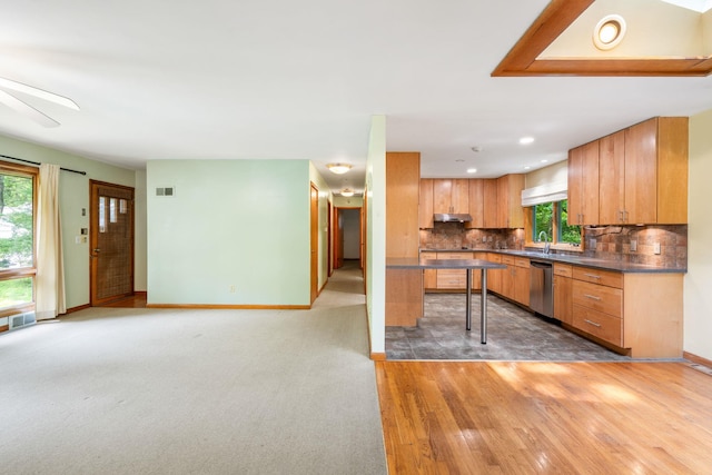 41 Colburn Dr, Poughkeepsie, NY 12603 - kitchen featuring dishwasher, under cabinet range hood, tasteful backsplash, light wood-style flooring, and dark countertops