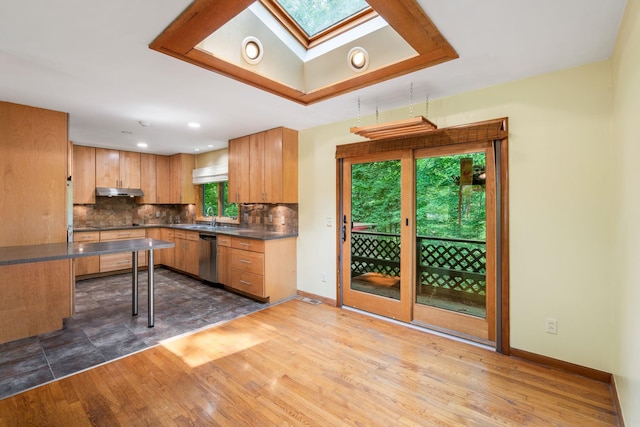 41 Colburn Dr, Poughkeepsie, NY 12603 - kitchen with stainless steel dishwasher, a skylight, tasteful backsplash, dark wood-type flooring, and dark countertops