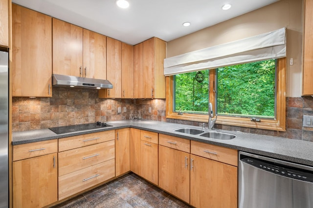 41 Colburn Dr, Poughkeepsie, NY 12603 - kitchen with appliances with stainless steel finishes, under cabinet range hood, tasteful backsplash, dark countertops, and recessed lighting