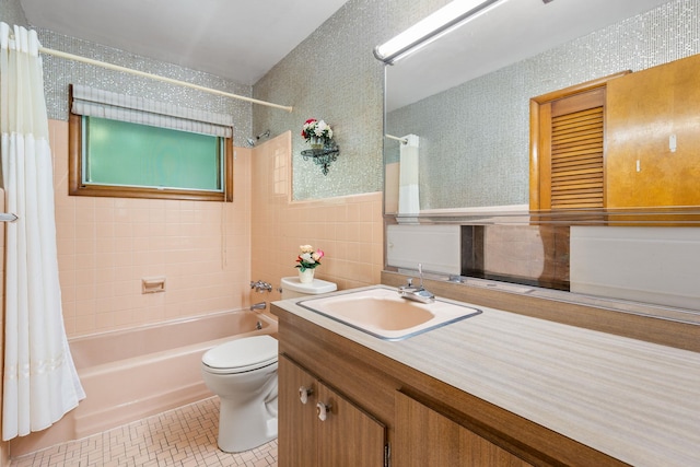 41 Colburn Dr, Poughkeepsie, NY 12603 - full bath featuring shower / bath combo, vanity, tile walls, and tile patterned flooring