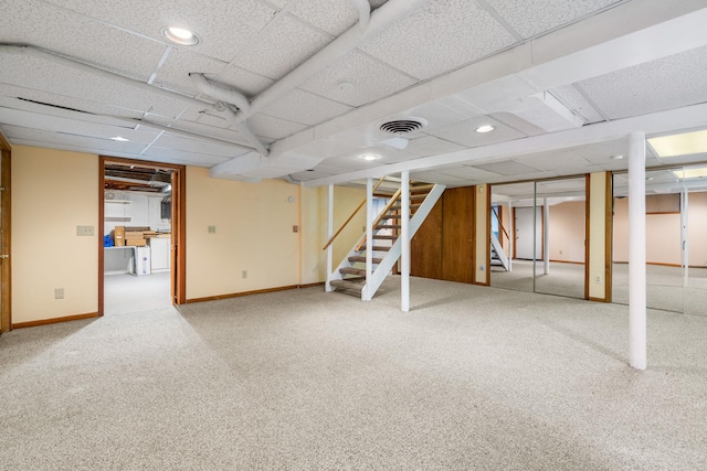 41 Colburn Dr, Poughkeepsie, NY 12603 - finished below grade area featuring a paneled ceiling, stairway, carpet floors, and recessed lighting