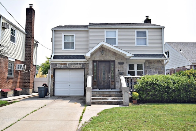 4723 164th St, Flushing, NY 11358 - view of front facade with driveway, stone siding, an attached garage, a front yard, and a chimney