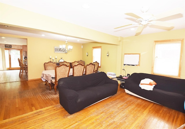 4723 164th St, Flushing, NY 11358 - living area with hardwood / wood-style floors, a chandelier, recessed lighting, and ceiling fan