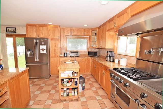 4723 164th St, Flushing, NY 11358 - kitchen with premium appliances, ventilation hood, light stone counters, and recessed lighting