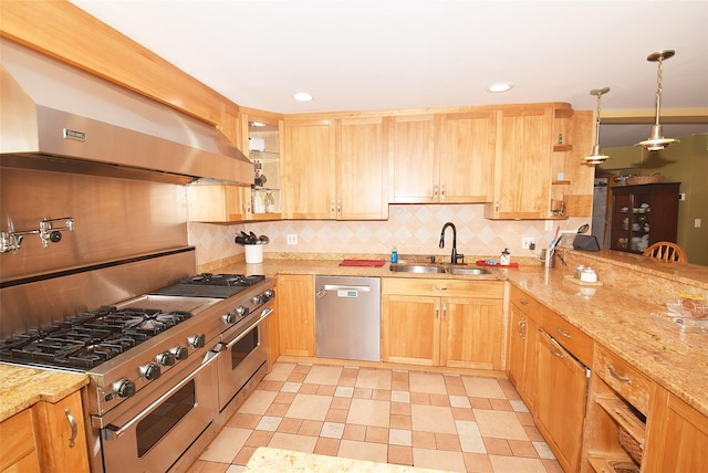 4723 164th St, Flushing, NY 11358 - kitchen with appliances with stainless steel finishes, extractor fan, tasteful backsplash, pendant lighting, and light stone countertops