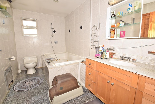 4723 164th St, Flushing, NY 11358 - bathroom featuring tile walls, vanity, a combined bath / shower with jetted tub, and radiator heating unit