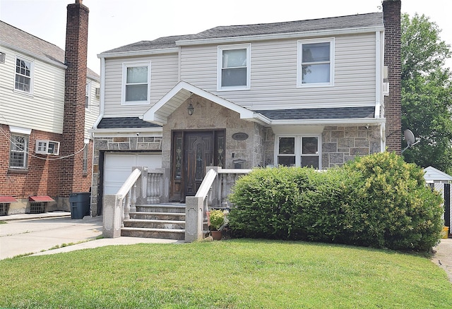 4723 164th St, Flushing, NY 11358 - view of front of home featuring stone siding, a front lawn, an attached garage, concrete driveway, and a chimney