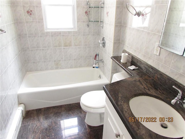 2 Leffingwell Pl, New Rochelle, NY 10801 - full bath with a baseboard radiator, vanity, shower / washtub combination, and tile walls