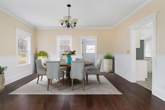 32 Reservoir Dr, Millbrook, NY 12545 - dining space featuring a chandelier, ornamental molding, wood finished floors, and a wainscoted wall