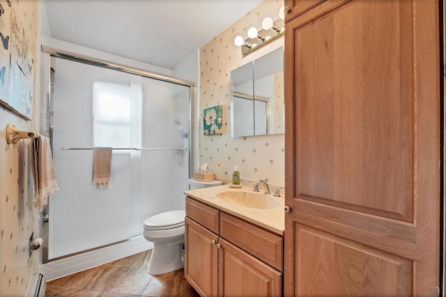 17 Woodrum Dr, Stony Point, NY 10980 - bathroom with wallpapered walls, vanity, a shower stall, a baseboard heating unit, and tile patterned floors