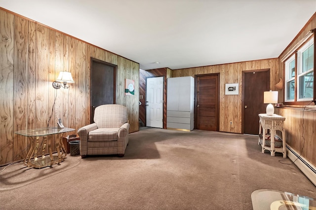 17 Woodrum Dr, Stony Point, NY 10980 - living area featuring wooden walls, carpet, and a baseboard radiator