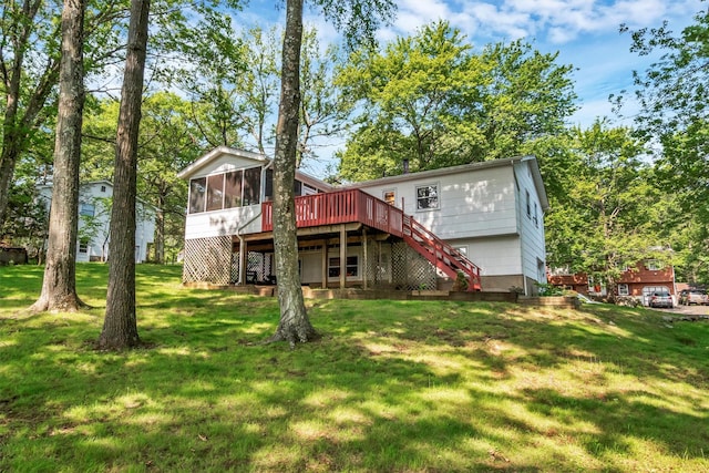 17 Woodrum Dr, Stony Point, NY 10980 - back of property featuring stairs, a sunroom, a deck, and a yard