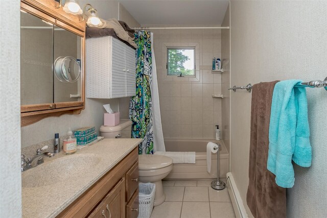 2 Valley View Cir, Warwick, NY 10990 - bathroom featuring tile patterned floors, vanity, shower / bath combination with curtain, and a baseboard radiator