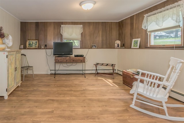2 Valley View Cir, Warwick, NY 10990 - living area featuring plenty of natural light, ornamental molding, light wood-type flooring, and wood walls
