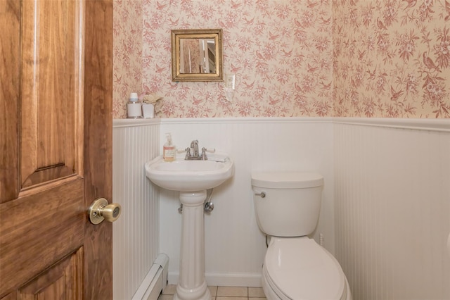 2 Valley View Cir, Warwick, NY 10990 - bathroom featuring wainscoting, a baseboard radiator, tile patterned flooring, and wallpapered walls