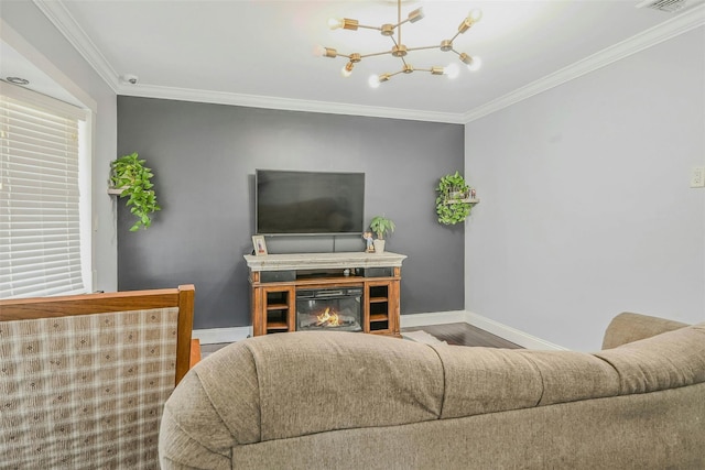 2 Janet Ln, Commack, NY 11725 - living area with ornamental molding, wood finished floors, and a chandelier